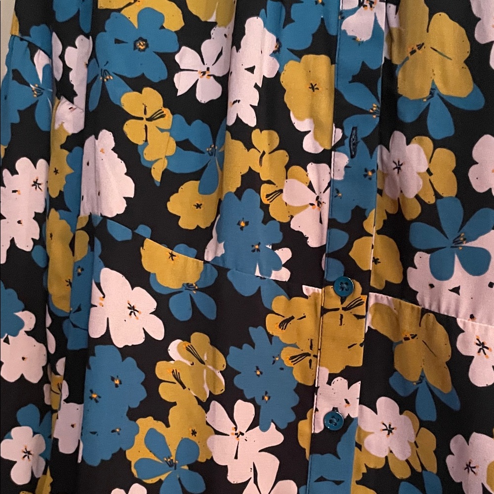 CAbi Floral Tie-Neck Blouse in Teal, Mustard & Pink Sz M - Picture 3 of 7